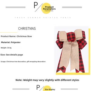 Detail of red and black buffalo plaid burlap Christmas bow for tree and gift decoration