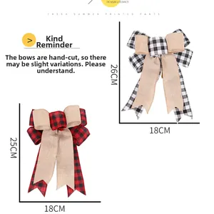 Detailed dimensions of handmade plaid burlap Christmas bows with size annotations