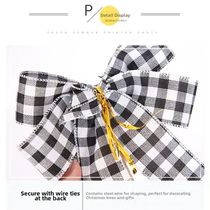 Close-up of buffalo plaid Christmas bow with flexible wire for easy tree decoration