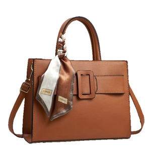 Brown macaron fashion tote bag in matte PU leather with decorative scarf and shoulder strap