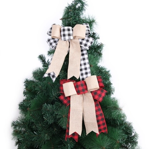 Christmas Tree Bow Buffalo Plaid Burlap Ribbon Decorative Hanging Ornament For Holiday Home Party Festival Decoration