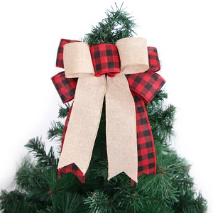 Buffalo plaid and burlap Christmas tree topper bow decoration for rustic holiday decor