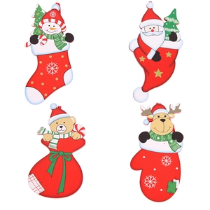 Set of four wooden Christmas hanging ornaments featuring Santa, reindeer, and snowman