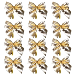 Set of 12 glittering gold Christmas bows with metallic ties for holiday tree decoration