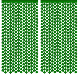 Close-up of green shamrock foil fringe curtains for St. Patrick's Day door decoration