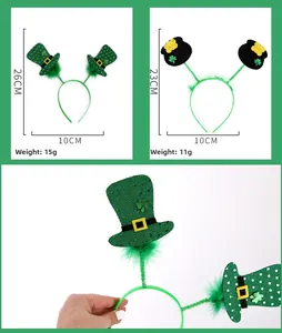 Dettaglio cerchietto San Patrizio con dimensioni e cappello verde glitter con trifoglio