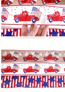 Detail of American flag ribbons featuring stars and stripes patterns with woven texture