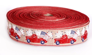 Detail of 2M Fourth of July burlap wired ribbon with vintage truck and flag prints