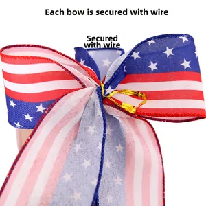 Detailed close-up of large USA flag bow showing twist tie fastening on fabric
