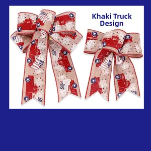 Detail view of khaki burlap patriotic bows with American flag and red truck prints