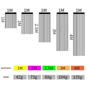 Size chart for wavy fringe curtains showing length options and weights for party decor