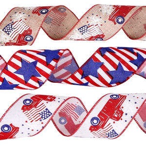 Patriotic USA flag and red truck wired ribbons with stars for Independence Day decor