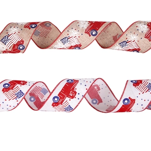 Independence Day ribbons with red truck, US flag and blue stars on burlap and white base