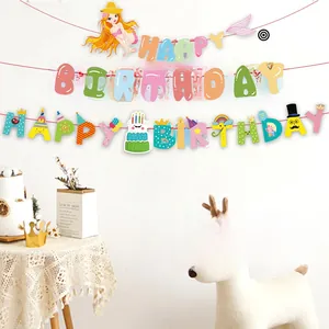 Three rows of colorful mermaid birthday banners with happy birthday letters and cartoon patterns