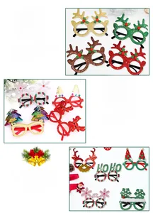 Detail of Christmas themed glitter glasses frames with reindeer antler and festive designs