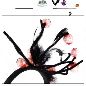 Detail of Halloween headband with black feathers and red-white grid eyeball decorations