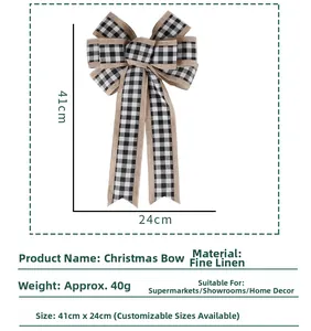 Detail of black and white buffalo plaid linen Christmas bow with size 41cm x 24cm