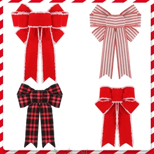 Set of four Christmas bows featuring red velvet, buffalo plaid, and striped festive patterns