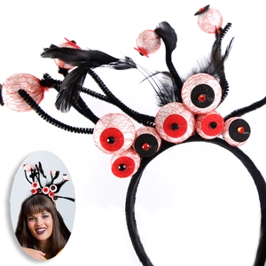 Halloween eyeball headband with black feathers and realistic red veins for party costume