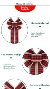 Detail of red and black plaid Christmas bow showing burlap texture and wire fastener