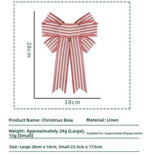 Detail view of red and white striped linen Christmas bow dimensions and specifications