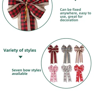 Detail of Christmas ribbon bows featuring plaid and reindeer patterns for tree decoration