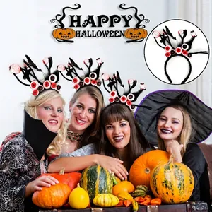 Halloween headband with multiple eyeballs, black feathers and spooky antennae for parties