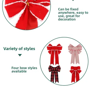 Detail of Christmas bows in red velvet and plaid fabric with gold twist ties for decor