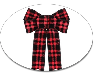 Close-up of a red and black buffalo plaid Christmas bow with detailed texture