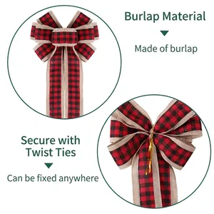 Red buffalo plaid Christmas ribbon bow with twist tie for tree and wreath decoration