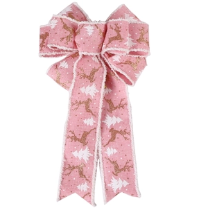 Pink Christmas ribbon bow with gold reindeer and white tree patterns for tree decoration