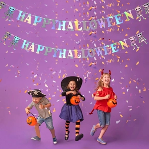 Iridescent Happy Halloween banner with skull charms and children in festive costumes