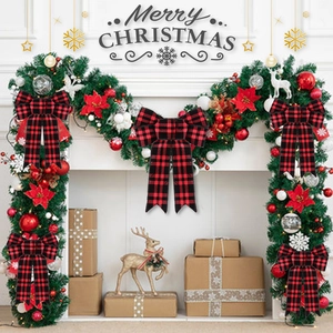 Festive Christmas Bows Red Velvet White Fur Trim Plaid Stripe Hanging Ornaments For Christmas Tree Wreath Holiday Home Party Decoration