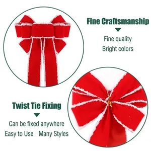 Red Christmas bow with white lace trim and gold twist tie for tree and wreath decoration