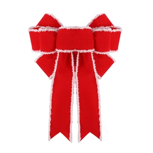 Large red velvet Christmas bow with white faux fur trim for trees and wreaths decoration