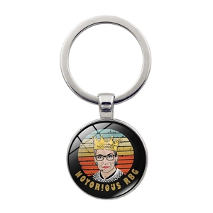 Detailed view of silver metal keychain featuring Ruth Bader Ginsburg RBG art pendant
