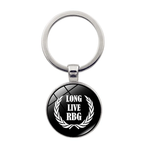 Detail view of silver keyring with 'LONG LIVE RBG' text and laurel wreath design