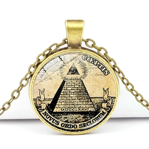 Vintage bronze steampunk necklace featuring a Masonic All Seeing Eye and pyramid pendant