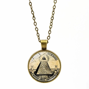 Detail of vintage bronze Eye of Providence pendant with Masonic symbols on a white background