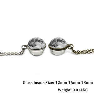 Double-sided moon galaxy glass ball pendant necklace in silver and bronze finishes