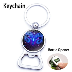 Aries zodiac keychain bottle opener with blue neon pattern on silver metal ring