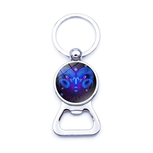 Aries zodiac glass gem bottle opener keychain made of durable silver metal