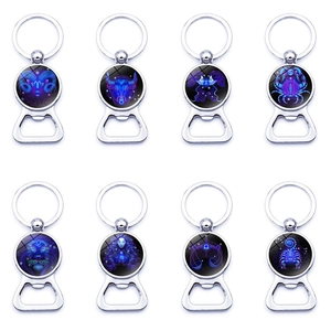 Twelve Constellations Zodiac Bottle Opener Keychain Neon Metal Glass Cabochon Key Ring Astrological Gift For Men Women
