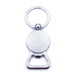 Polished silver metal zodiac bottle opener keychain with a circular logo placement area