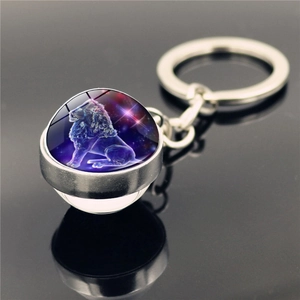 Double-sided glass ball keychain with Leo zodiac constellation and silver metal base