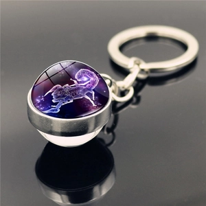 Detail of Scorpio zodiac keychain featuring a double-sided glass ball and silver metal ring