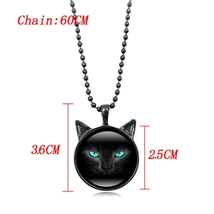 Retro black cat cat-ear pendant necklace with blue eyes and 60cm black bead chain