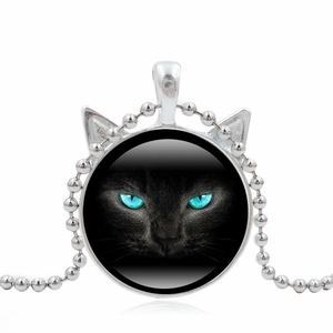 Retro cat ear necklace with black cat glass pendant and silver ball chain accessory