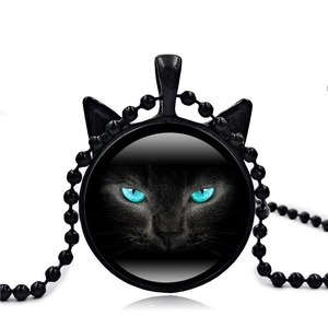 Vintage Black Cat Art Glass Gem Pendant Necklace Alloy Cat Ear Sweater Chain Jewelry For Women Men Daily Wear Gift