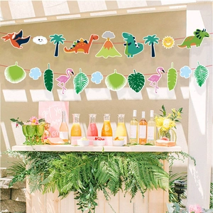Dinosaur and tropical theme party banner featuring pterosaurs and volcanoes for kids birthday